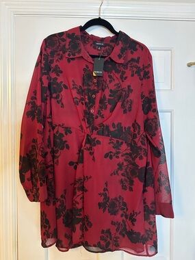 torrid Burgundy and Black Sheer Floral Button-Front Tunic